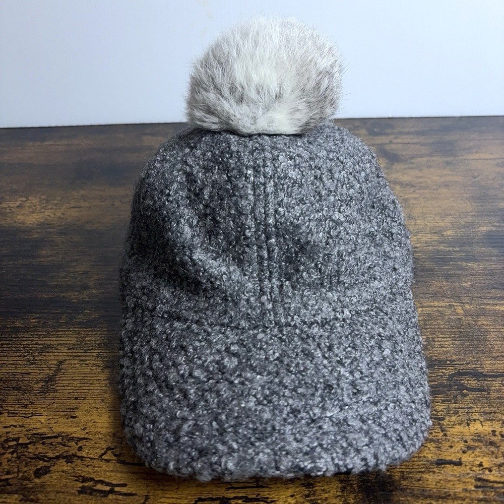 August Hat Company Baseball Cap‎ Womens OSFA Gray Boucle Rabbit Fur Pom Pom